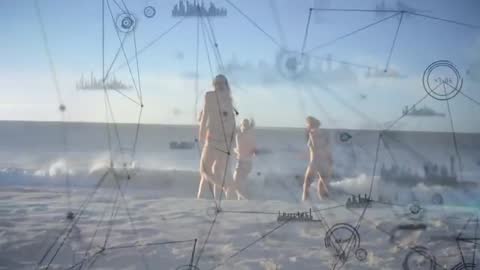 Group of Friends on Beach with Data Visualization Overlay