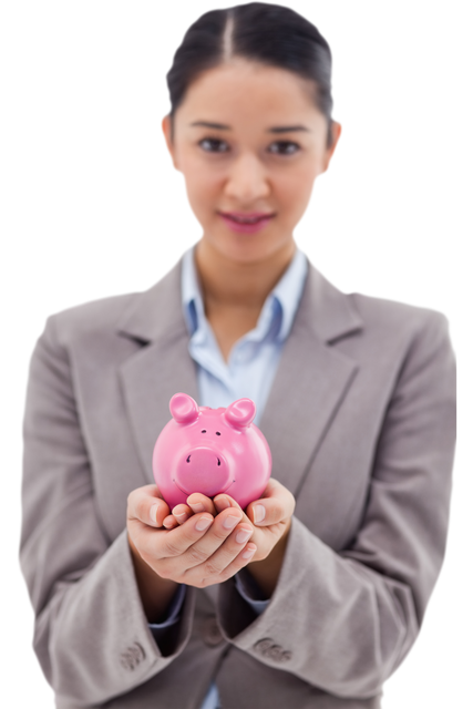 Transparent Background Businesswoman Holding Piggy Bank in Office Setting - Download Free Stock Videos Pikwizard.com