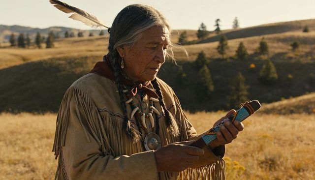 Elder wearing fringed buckskin and beadwork examining beaded case on golden grassland