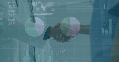 Healthcare professional shaking hands with digital data overlays