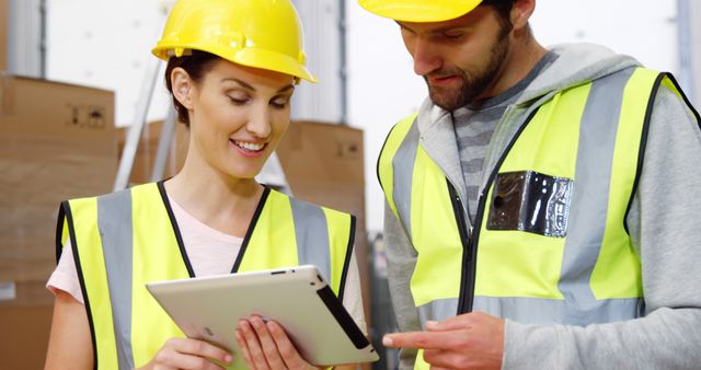 Warehouse Workers Collaborating on Digital Tablet for Inventory Management - Download Free Stock Images Pikwizard.com