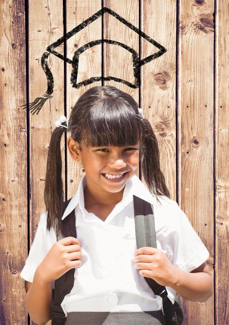 School girl standing in front of wooden planks background, smiling and holding backpack straps while graduation cap illustration appears above her head. Ideal for educational content, advertisements, back-to-school promotions, and academic achievement campaigns. Captures the essence of early learning and the excitement of future accomplishments.