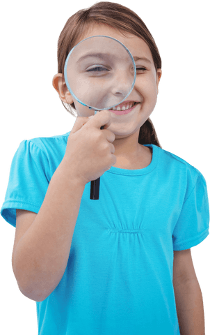 Cheerful Girl in Blue Shirt Holding Magnifying Glass Transparent - Download Free Stock Videos Pikwizard.com