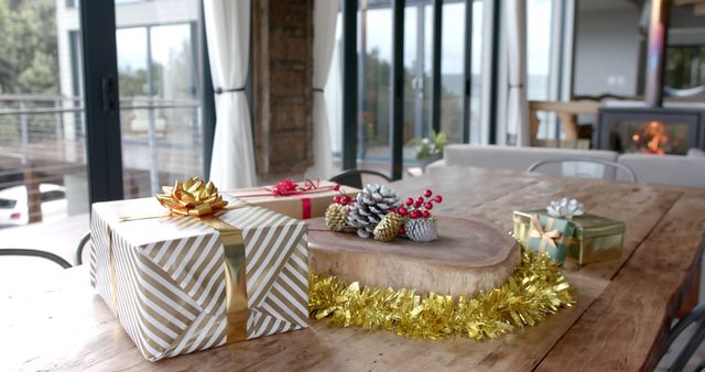 Festive Living Room Table with Christmas Gifts and Decorations - Download Free Stock Images Pikwizard.com