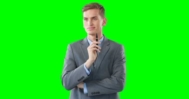 Professional businessman holding pen, confidently thinking against a green screen background. Useful for presentations, promotional materials, and business-related projects involving concepts of planning, strategy, and decision making.