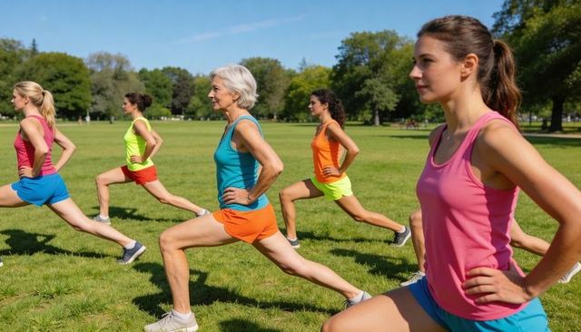 Multigenerational women lunging in sunny park wearing colorful activewear and sneakers