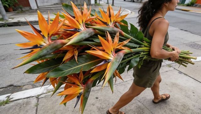 Woman carrying oversized strelitzia bouquet down urban sidewalk wearing olive romper