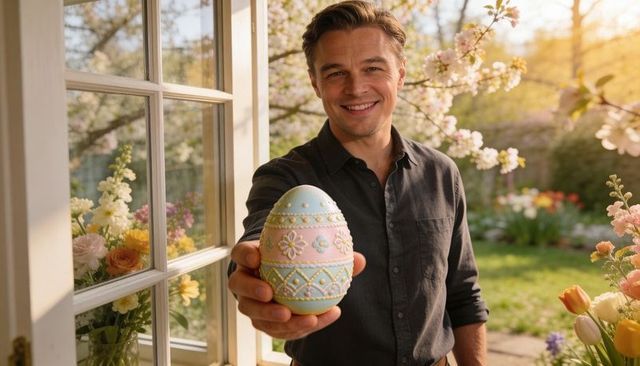 Smiling man holding pastel decorated easter egg at sunlit garden doorway during spring