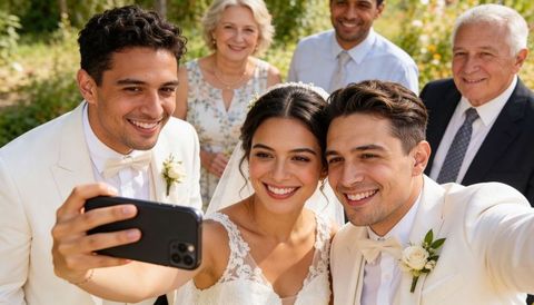 Bride and grooms taking joyful garden selfie during sunny outdoor wedding celebration