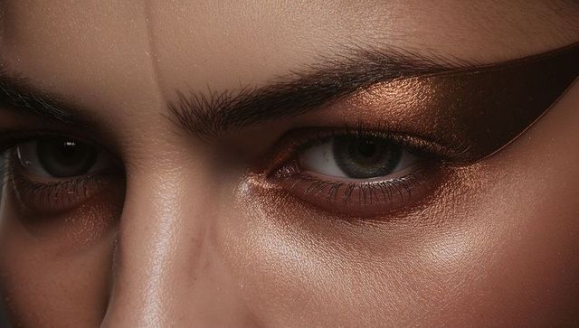 Bronze metallic winged eyeshadow close-up featuring dewy skin and intense gaze