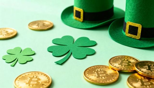 St Patrick Day crypto concept combining shamrock, gold Bitcoin coins and leprechaun hats