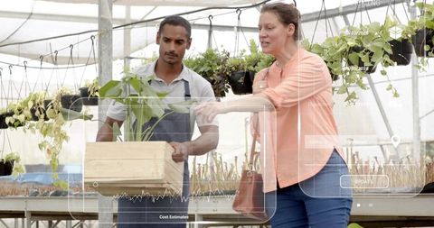 Nursery staff showing potted plant to customer with digital cost and inventory overlay