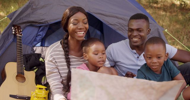 Happy Family Enjoying Camping in Nature with Tent and Guitar - Download Free Stock Images Pikwizard.com