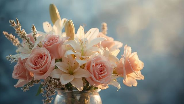 Pastel Pink Roses and White Lilies Bouquet Glowing in Soft Morning Light
