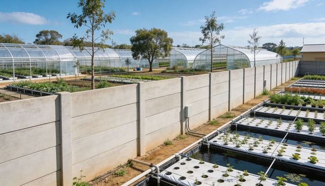 Concrete dividing wall separating greenhouse propagation zones with hydroponic growbeds