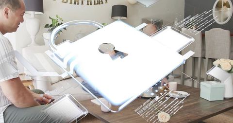 Futuristic holographic padlock projection over family living room birthday decor and gift
