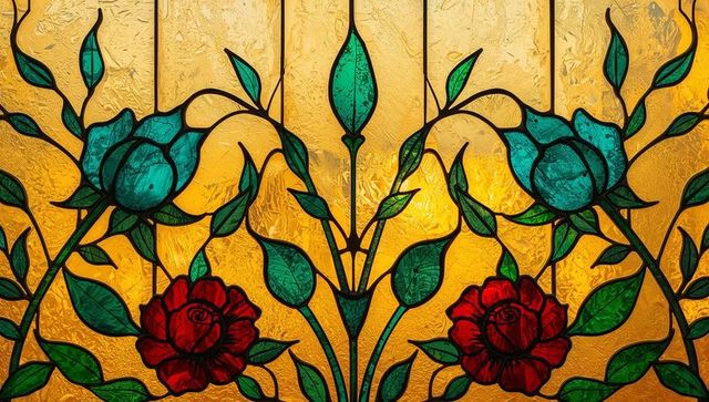 Stained glass panel with red roses and blue buds on amber background