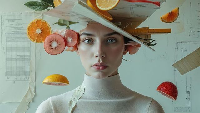 Surreal portrait with citrus and paper elements