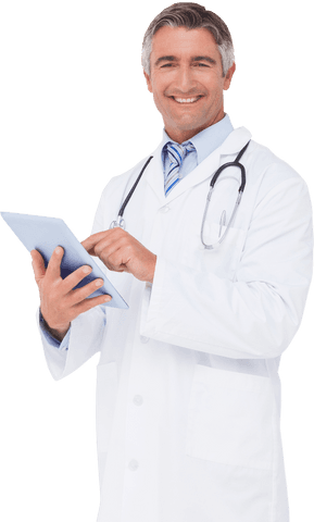 Transparent Smiling Doctor Using Tablet in White Coat - Download Free Stock Videos Pikwizard.com