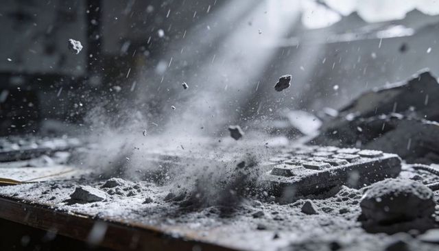 Dust cloud erupting over abandoned desk with buried keypad and floating debris in sunbeams