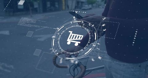 Augmented reality shopping cart hovering over bicycle, man holding smartphone, urban retail