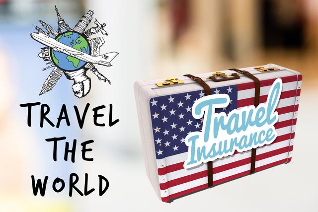 Illustration of airplane circling globe and suitcase adorned with American flag design. Perfect for promoting travel insurance services, international travel agencies, and tourism campaigns.