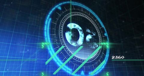 Glowing holographic hud dial with concentric rings and neon grid scanner interface