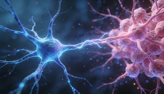 Blue neuron sending electric synapse to pink neuron cluster, glowing 3D neuroscience concept