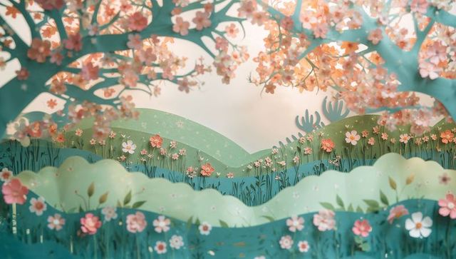 Whimsical pastel paper-cut spring meadow with layered scalloped hills and flowering canopy