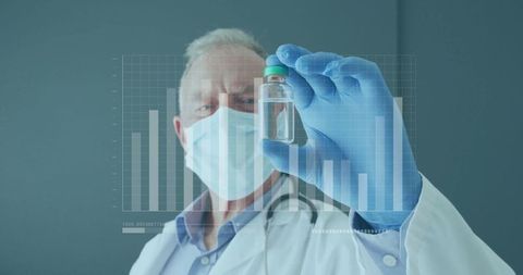 Scientist examines medical vial with data visualization