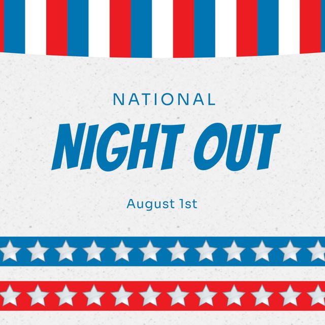 Graphic design highlighting National Night Out event featuring patriotic red, white, and blue stripes and star elements. Ideal for event promotions, social media announcements, community bulletins, and festive banners. Encourages community participation and national pride.