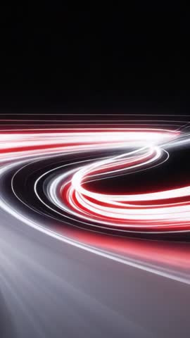 Vertical loop of red and white neon light trails tracing futuristic motion path