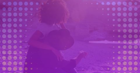 Romantic Couple Connecting on Sunlit Beach with Abstract Design