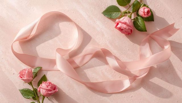Elegant Pink Satin Ribbon with Delicate Roses on Soft Pink Surface