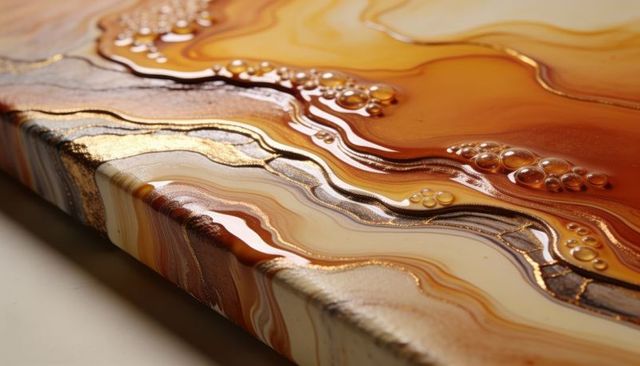 Glossy amber resin art on stretched canvas with metallic gold veins and translucent waves