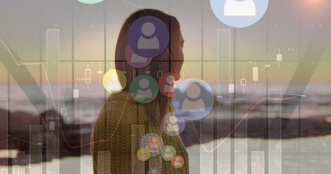 Woman on Beach with Falling Social Media Icons Overlay