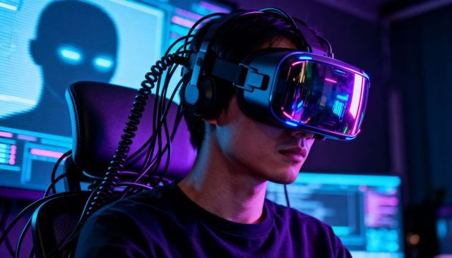 Asian Man Wearing Mirrored VR Headset Immersed in Neon Cyber Gaming and AI Lab with Cables