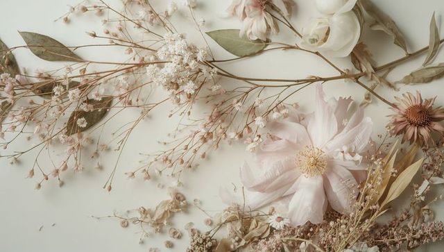 Blush peony and baby's breath with cream rose vintage pastel flatlay for wedding branding