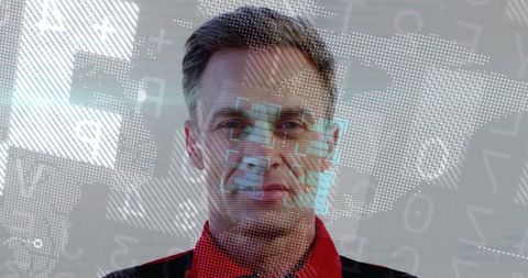 Digital Technology Interface Overlaying Mature Man in Red Jacket