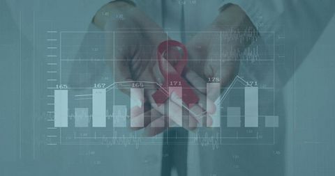 Healthcare Professional Holding Red Awareness Ribbon with Medical Data Overlay