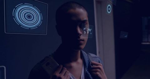 Futuristic technology interaction in dim corridor