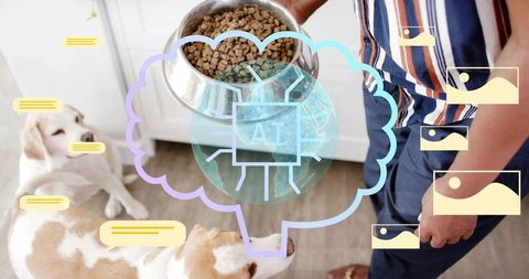Senior owner feeding dogs with ai-powered smart feeder overlay for pet care technology