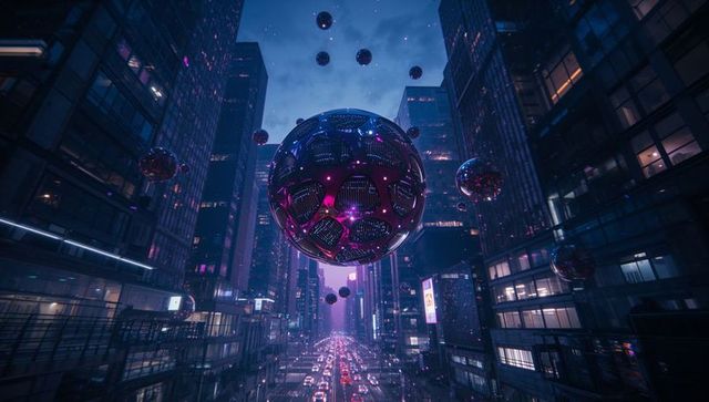 Futuristic Metallic Orb Hovering Over Neon-Lit Street in Cyberpunk City
