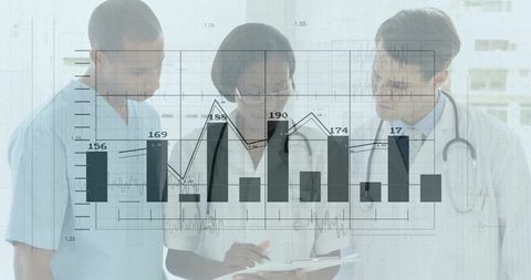 Clinical team reviewing patient data with analytics overlay for hospital performance insight