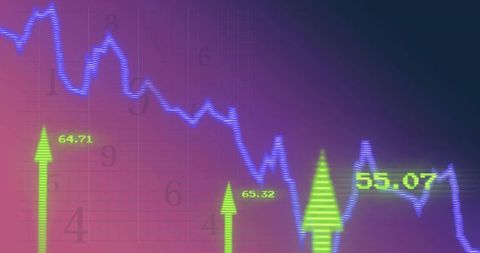 Neon Financial Line Chart Trending Down with Holographic Arrows and Data Points