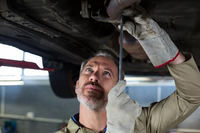 Mechanic servicing a car in repair shop