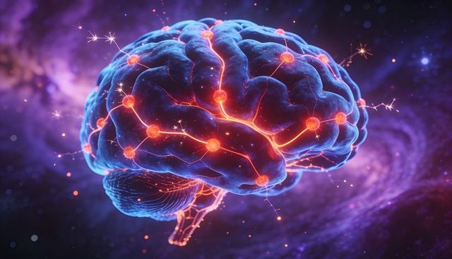 Neon neural brain floating in cosmic nebula showing lit synapses and electric sparks