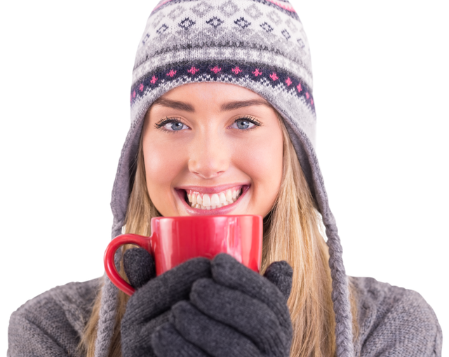 Transparent cheerful blonde woman in winter clothes enjoying hot beverage - Download Free Stock Videos Pikwizard.com