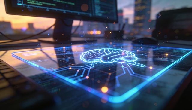 Projecting holographic neural network brain above tablet on urban desk at dusk