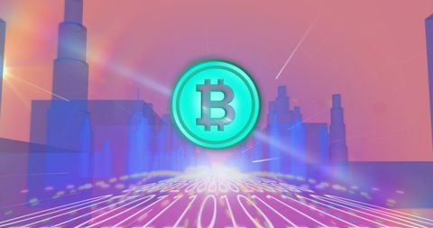 Bitcoin symbol emerges over digital cityscape with binary code